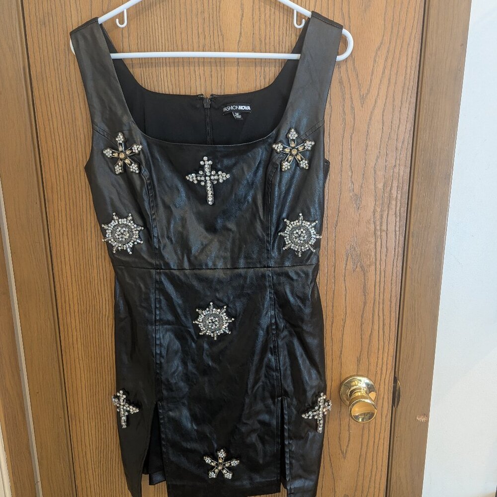 Fashion Nova Rhinestone Mini Dress Bodycon Split PU Leather Black-Medium